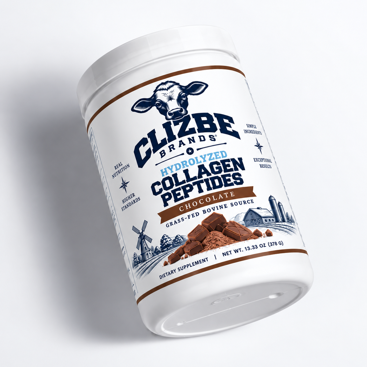 CLIZBE Brands Chocolate Collagen Peptides angled view