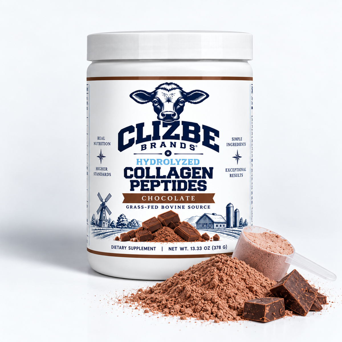 CLIZBE Brands Chocolate Collagen Peptides scoop view